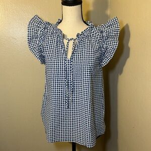 Vineyard Vines Navy and White Grid Ruffle Tie Neck Blouse